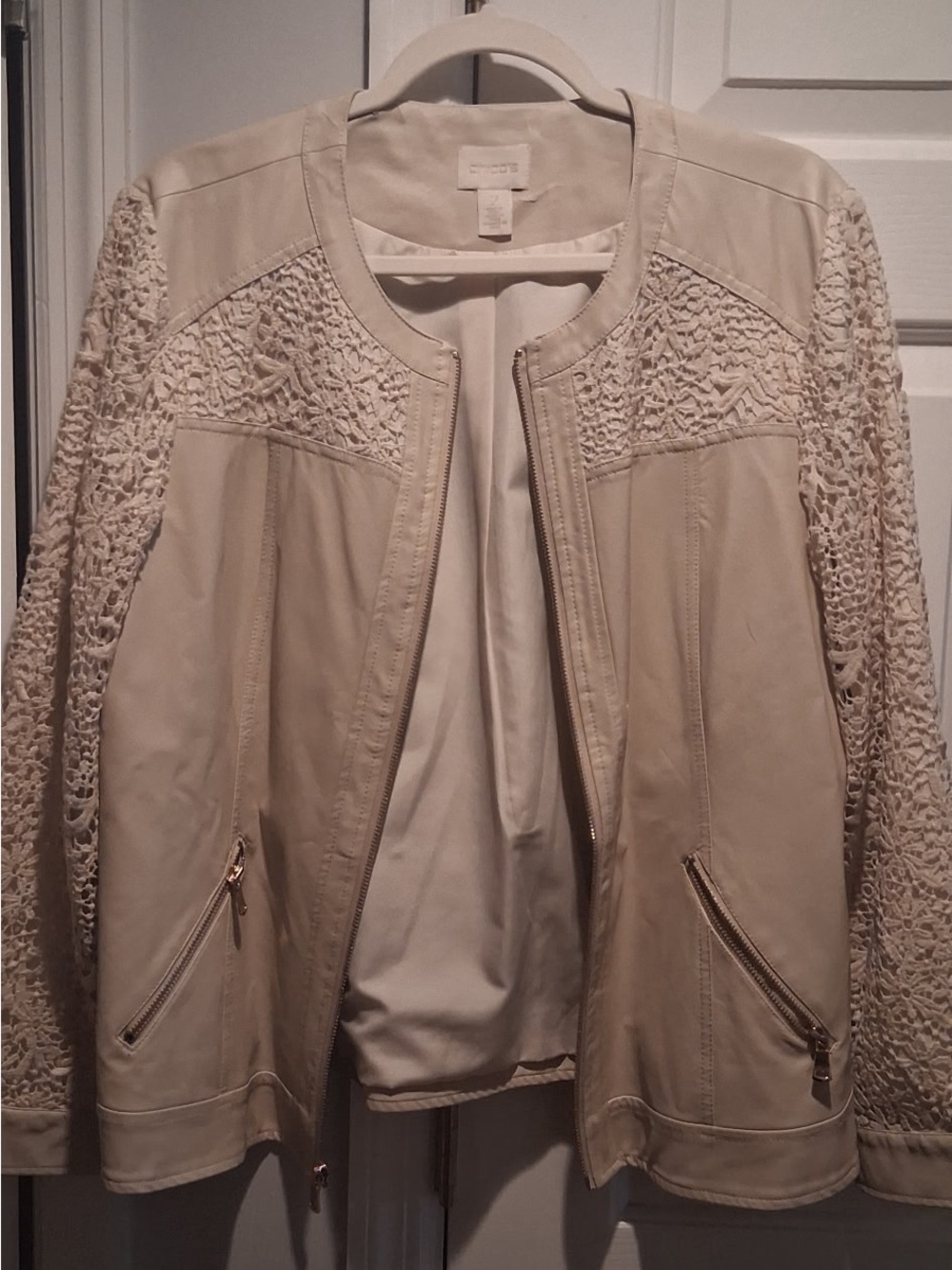 Chico's Cream Leather Zip Jacket with Crochet Panels